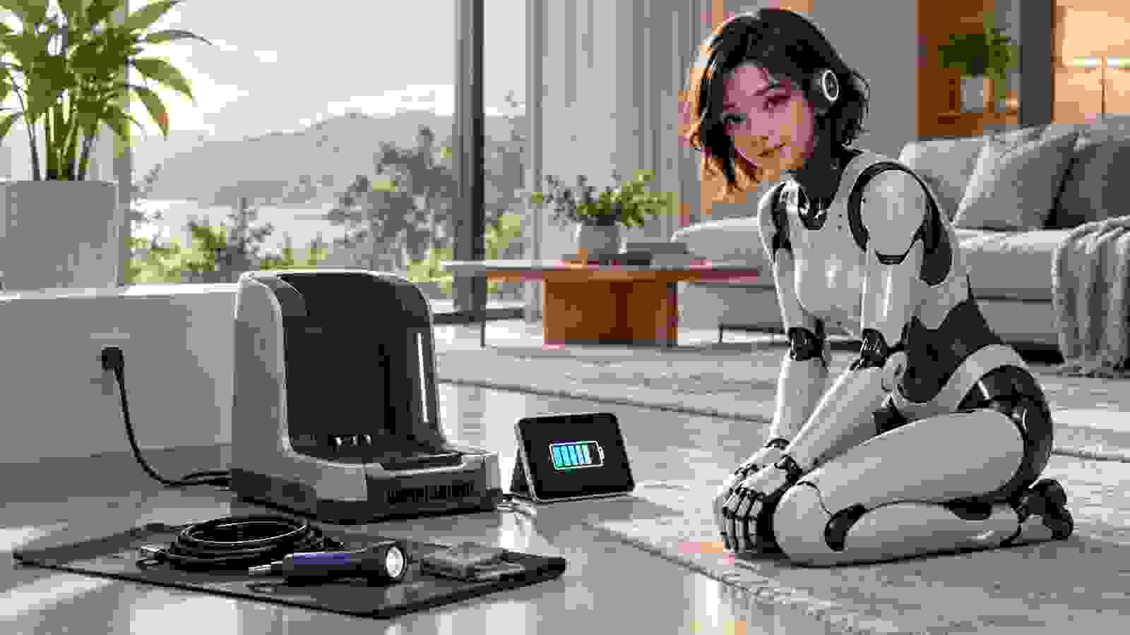 Companion robot beside a charging dock, battery display and cable inspection tools in a modern home