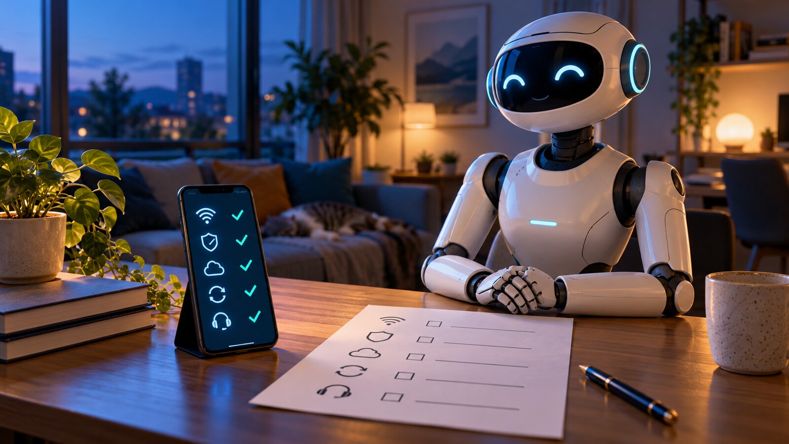 Original editorial illustration of a companion robot, phone and setup checklist in a home