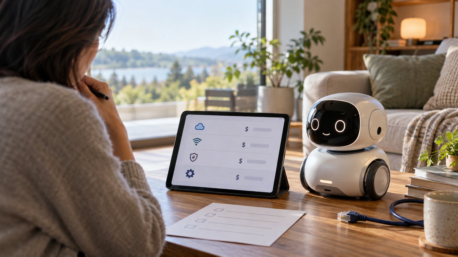 A consumer comparing recurring cloud, connectivity and security costs beside a companion robot