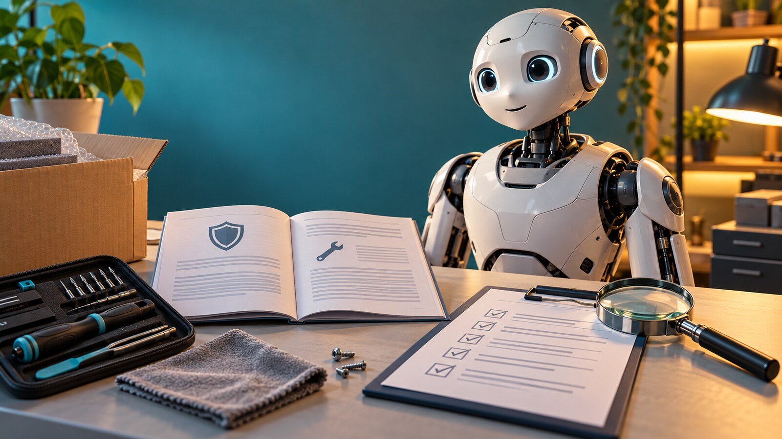 Companion robot beside a warranty booklet, inspection checklist, magnifying glass and repair tools